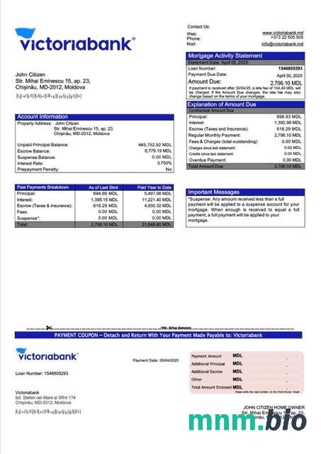 Mołdawia Victoriabank wyciąg z kredytu hipotecznego szablon Word i PDF